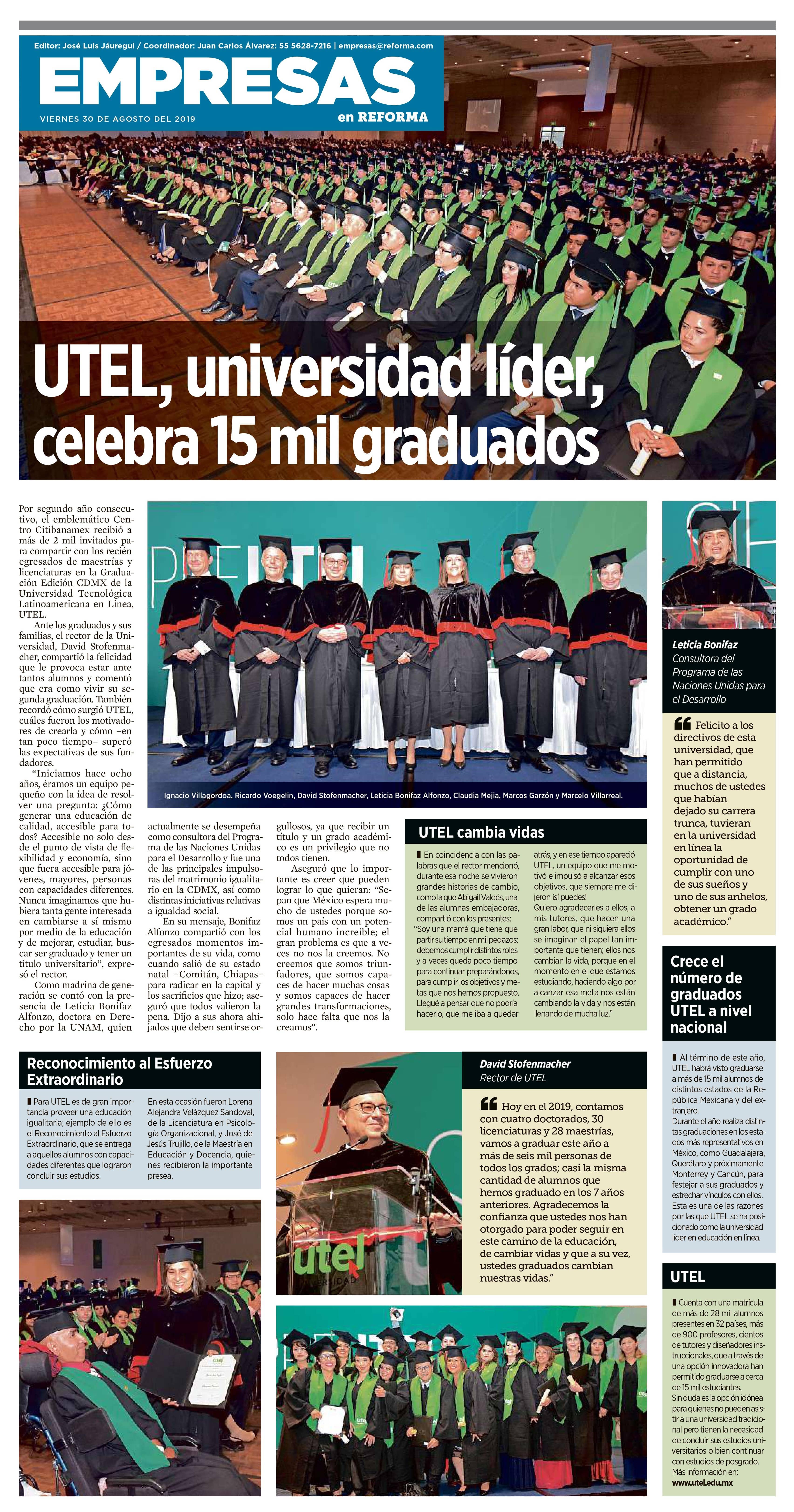 Graduación UTEL encabeza plana del Periódico Reforma