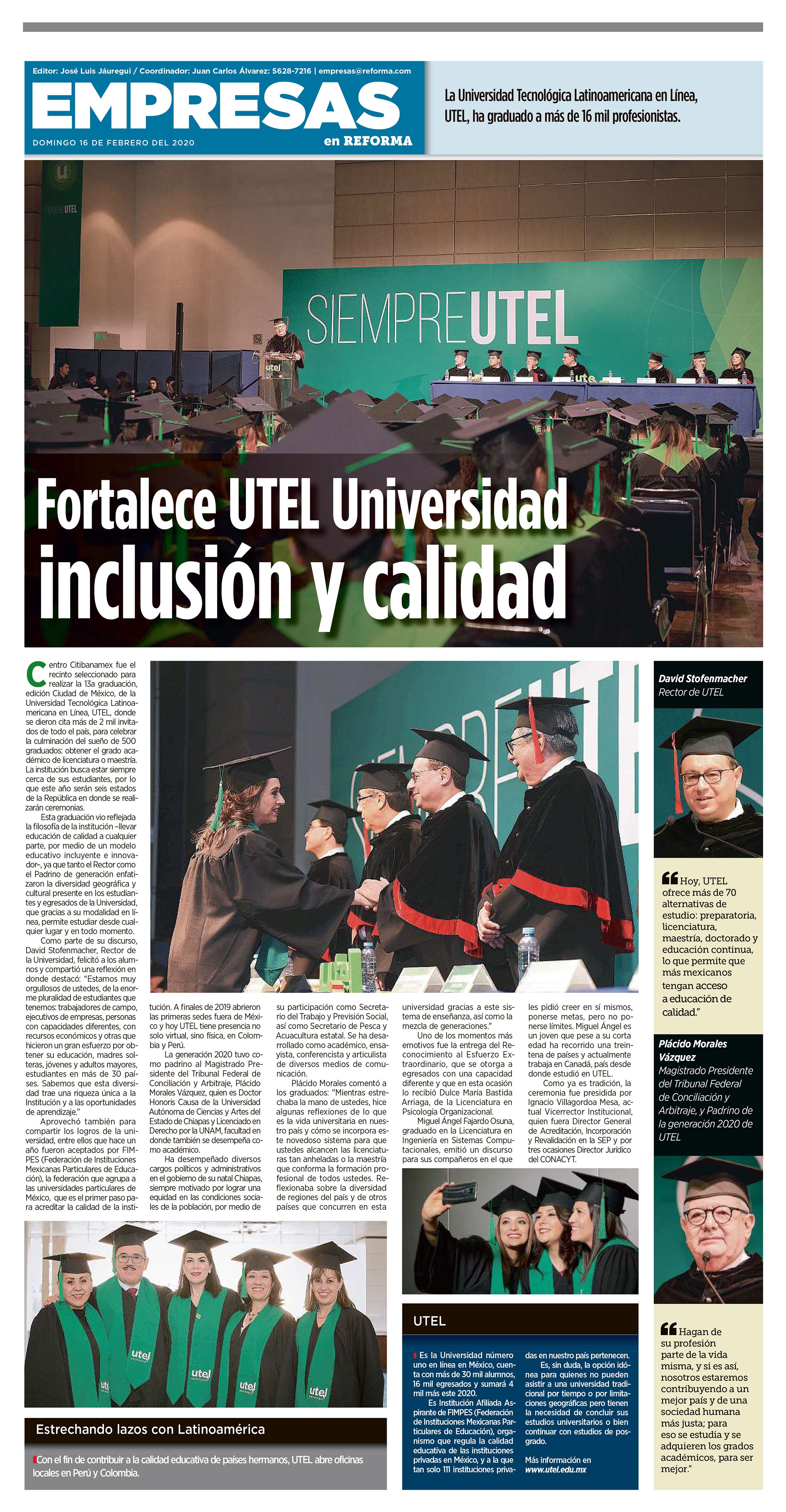 Periodico Reforma-fortalece UTEL Universidad inclusión y calidad